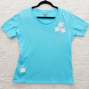 T-Shirt Size M Blue Maui Hawaii Silver Stud Rhinestone Applique Plumeria Travel